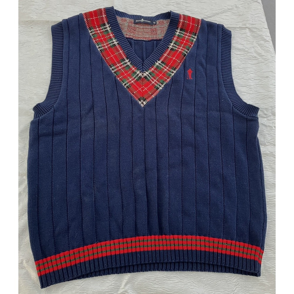 Payne Stewart Sweater Vest Mens Size LT Golf Navy W/ Plaid & Embroidered Accent